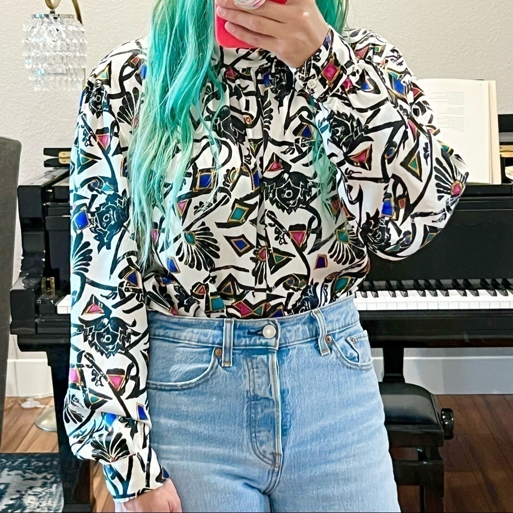 VINTAGE 80s/90s Satin Floral Jewel Print Long Puffed Sleeve Mockneck Blouse M‎